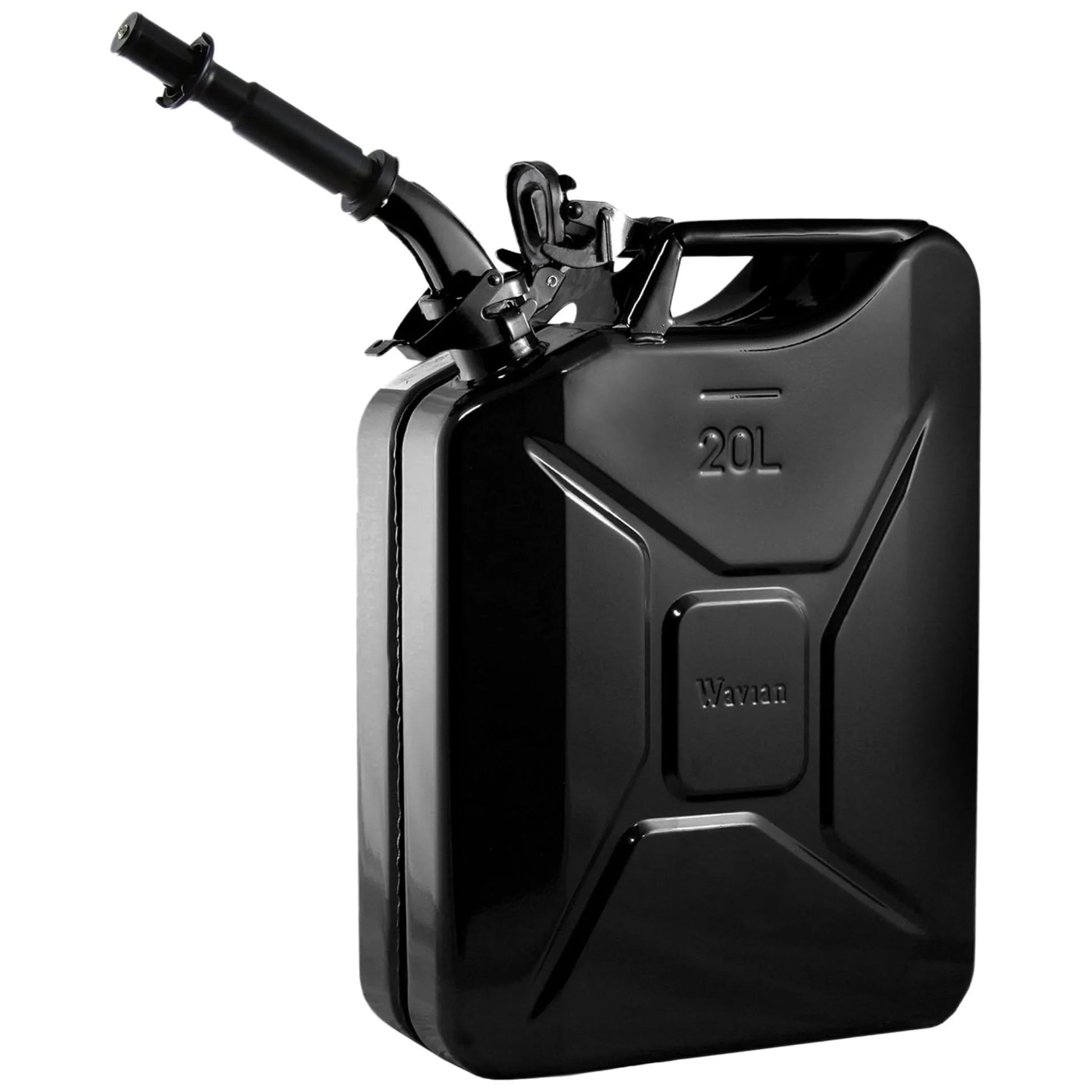 Durable black 20L Wavian steel gas can for fuel storage and transport