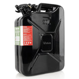 20-liter Wavian steel jerry can close-up showing leak-proof closure and warning label