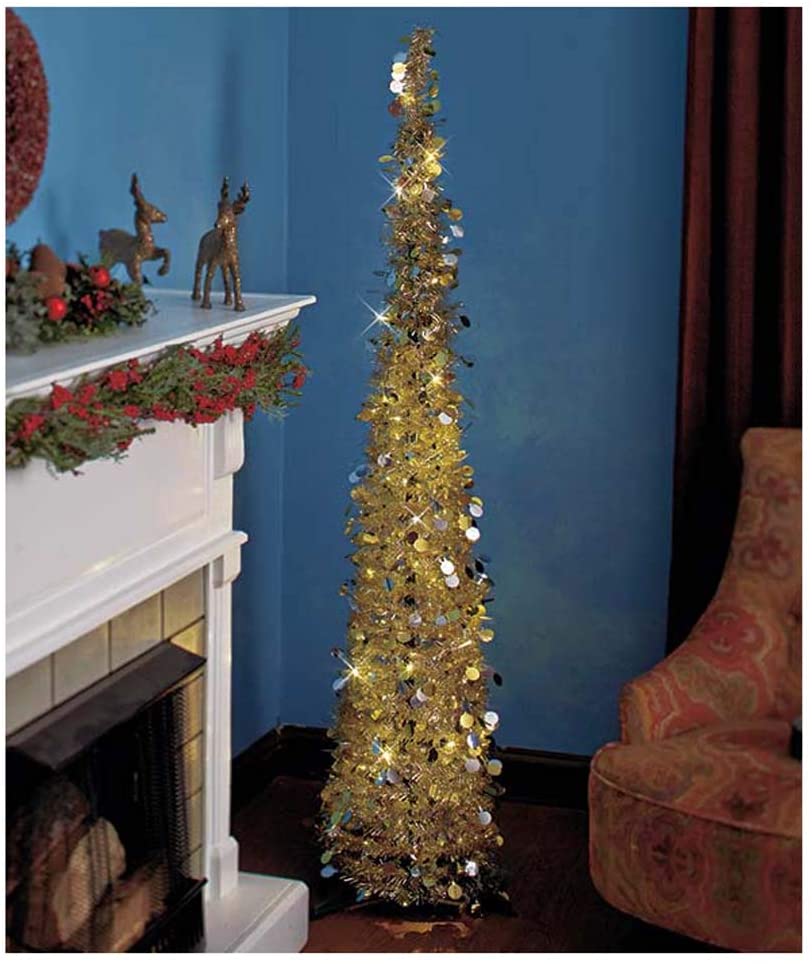 Affordable, Collapsible 65" Lighted Christmas Trees In Gold/Silver For Small Spaces With Timer