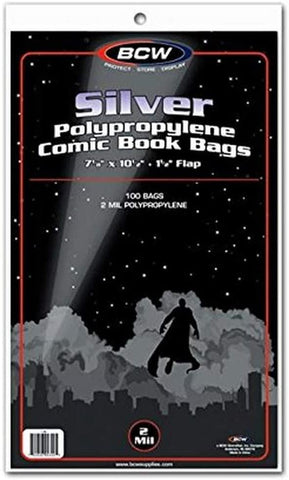 BCW Comic Bags, Silver 7 1/8" X10 1/2" + 1 1/2" Flap 2 Mil Polypropylene (100 Ct)
