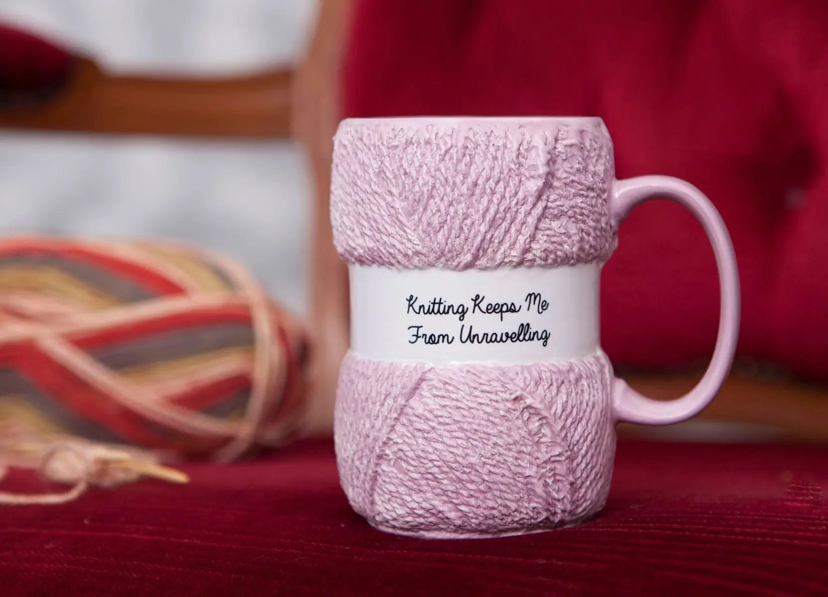 Boxer Gifts 'Knitting Keeps Me From Unraveling' Novelty Knitting Gift Mug | Light Pink Colour With Realistic Yarn Detailing | Amazing Christmas, Birthday Or Mother's Day Gift For Her