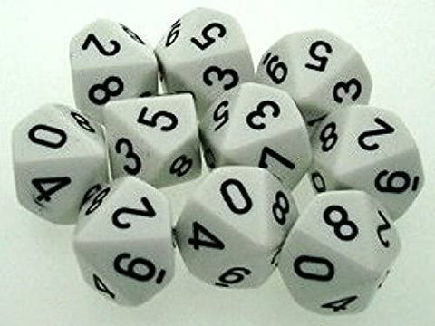 Chessex Dice Sets: Opaque White With Black - Ten Sided Die D10 Set (10)