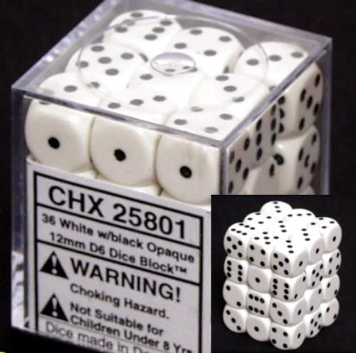 Chessex Opaque 12mm D6 White W/Black Dice Block 36 Dice