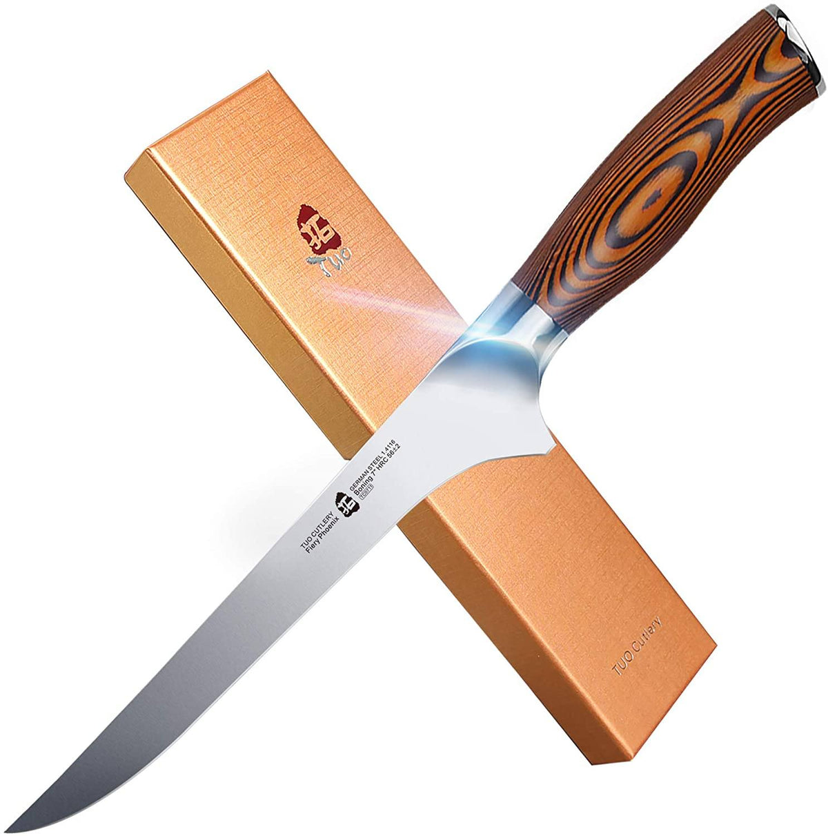 TUO Boning Knife - Razor Sharp Fillet Knife - High Carbon German Stainless Steel Kitchen Cutlery - Pakkawood Handle - Luxurious Gift Box Included - 7 Inch - Fiery Phoenix Series