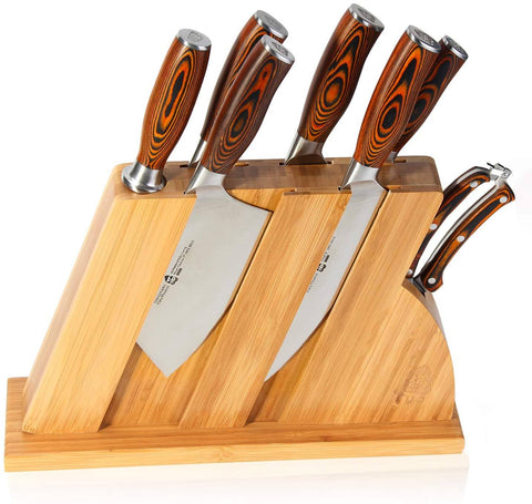 TUO Knife Set 8pcs, Japanese Kitchen Chef Knives Set With Wooden Block, Including Honing Steel And Shears, Forged German HC Steel With Comfortable Pakkawood Handle, Fiery Series Come With Gift Box